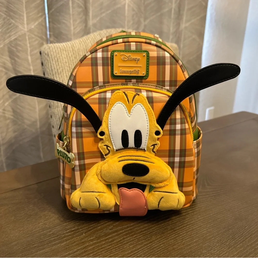 NWT Disney Loungefly Pluto 95th Anniversary Plaid‎ Backpack Moveable Ears Fuzzy